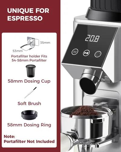 Miniatura 6 de Tuni G1 Molinillo de café con fresas cónicas, 48 ajustes de molienda, molino de fresas antiestático, temporizador electrónico de precisión y Plateado