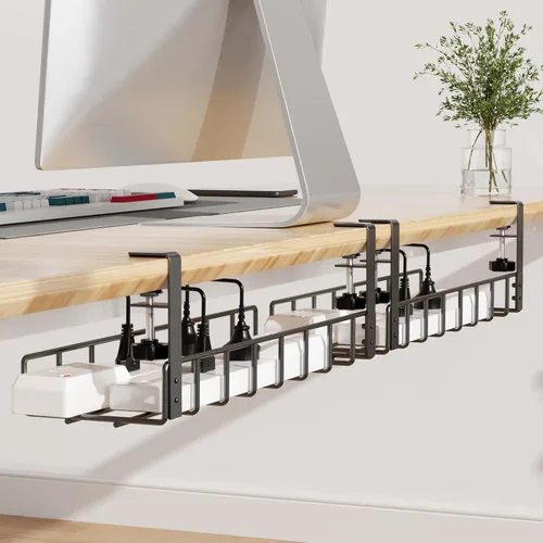 Paquete de 2 bandejas de organización de cables debajo del escritorio, 31.4 pulgadas, organización de cables debajo del escritorio sin taladrar Negro