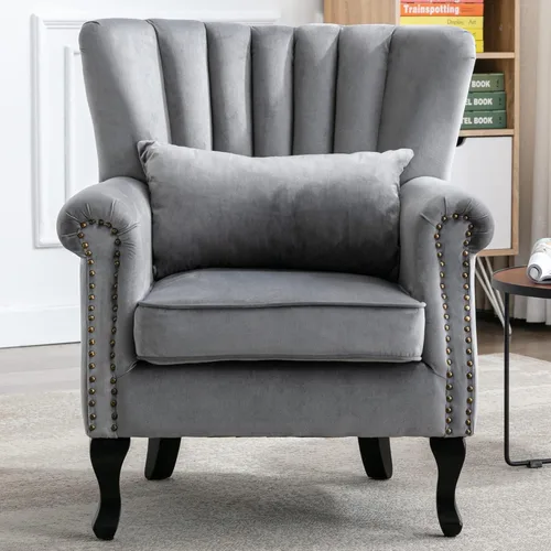 Miniatura 10 de Silla decorativa moderna de mediados de siglo, sillón tapizado, cómodo sofá individual de tela de terciopelo con respaldo forrado para espacios Rosa