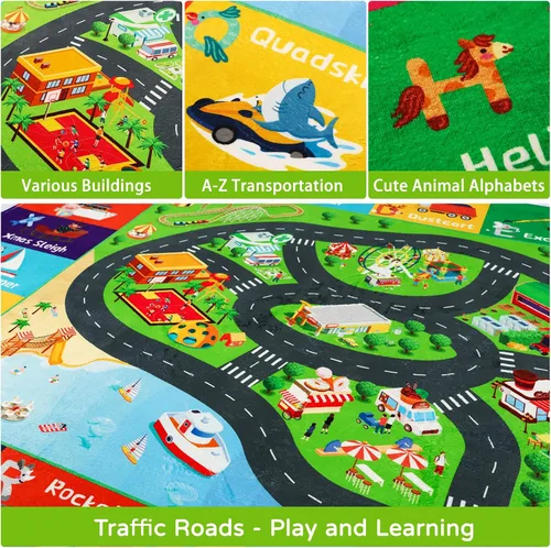 Miniatura 3 de Alfombra de juego para niños, alfombra de tráfico para carretera, 118 x 78.7 pulgadas, para sala de juegos, transporte ABC, alfombra educativa