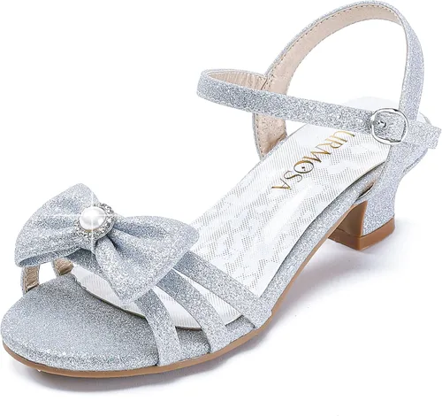 Sandalias para niñas, zapatos de vestir para fiesta de boda, puntera abierta, tacones altos con purpurina para niños pequeños y grandes
