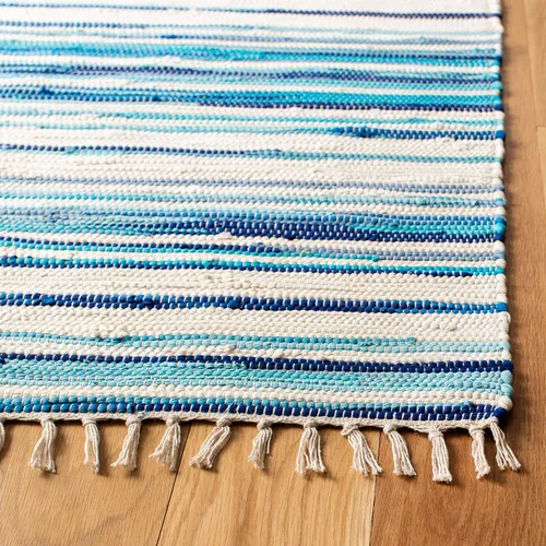 Miniatura 4 de SAFAVIEH Rag Rug Collection - Alfombra de pasillo de 2 pies 3 pulgadas x 7 pies, color marfil y azul, hecha a mano, de algodón a rayas, ideal