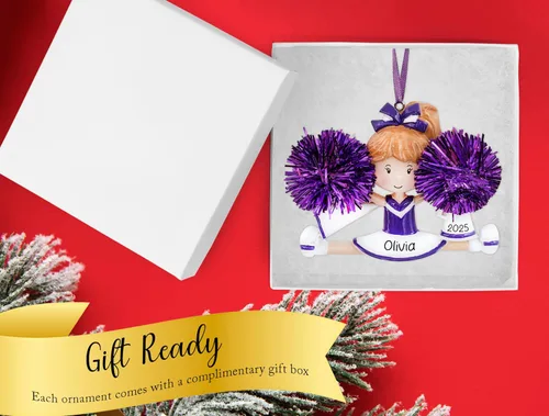 Miniatura 4 de Adorno de Navidad personalizado de animadora 2026 – Personalización gratuita Estatuilla de animadora bailarina con pompón morado real para árbol