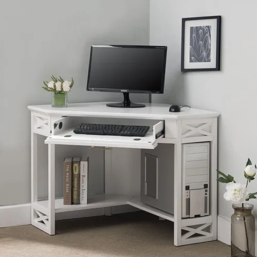 Miniatura 9 de Leick Home Sage 85430 - Escritorio esquinero de oficina, madera maciza, con cajón frontal para teclado, color blanco blanco (White/Brushed Nickel)