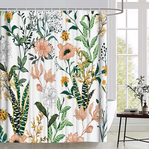 Cortina de ducha verde floral (72 x 72 pulgadas), cortinas de ducha con hojas tropicales de flores, juego de cortina de ducha de tela de poliéster