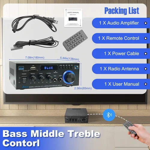 Miniatura 4 de AK45 Amplificador de audio estéreo para el hogar, mini receptor Bluetooth 5.0, amplificador de potencia estéreo de alta fidelidad Blutooth de 300 W