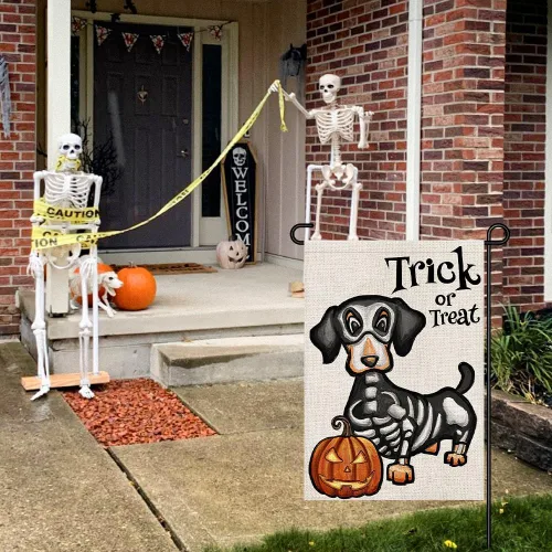 Miniatura 2 de Bandera de jardín de Halloween de truco o trato, perro fantasma, 12 x 18 pulgadas, pequeña de arpillera de doble cara de bienvenida para patio