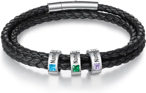 Miniatura 6 de Pulsera personalizada para el Día del Padre para hombre, pulseras personalizadas de cuero trenzado negro con cuentas grabadas de 1 a 8 nombres
