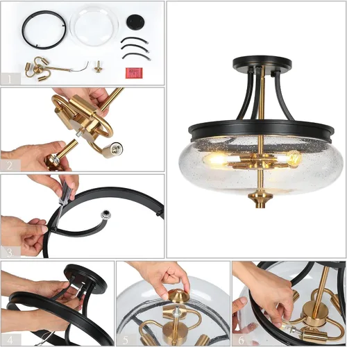 Miniatura 8 de classy leaves Lámpara de techo semiempotrada, color negro y dorado, lámpara de techo de 3 luces moderna de granja con vidrio sembrado para cocina