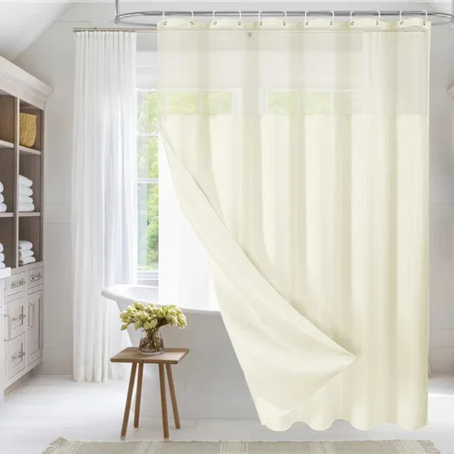 Miniatura 10 de MitoVilla Cortina de ducha pequeña beige de 36 x 72 pulgadas, juego de cortina de ducha de tela de punto gofre de tamaño medio estrecho con forro