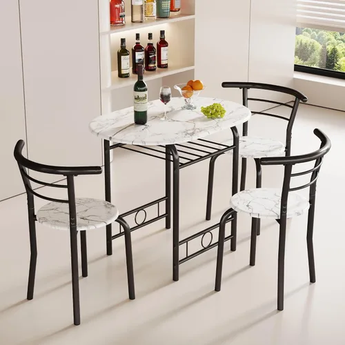 Miniatura 3 de JUMMICO Juego de Mesa Redonda y Sillas de Madera de 3 Piezas, Ahorro de Espacio Desayunador de Cocina Superficie de Veta de Madera con Marco