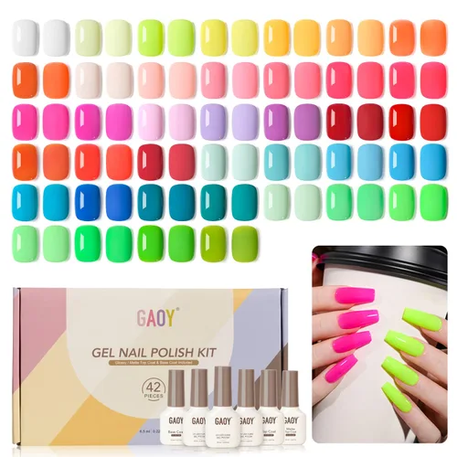 Miniatura 8 de GAOY - Juego de 42 esmaltes de uñas de gel, colores pastel, primavera, verano, rosa, verde, con capa superior brillante y mate y capa base