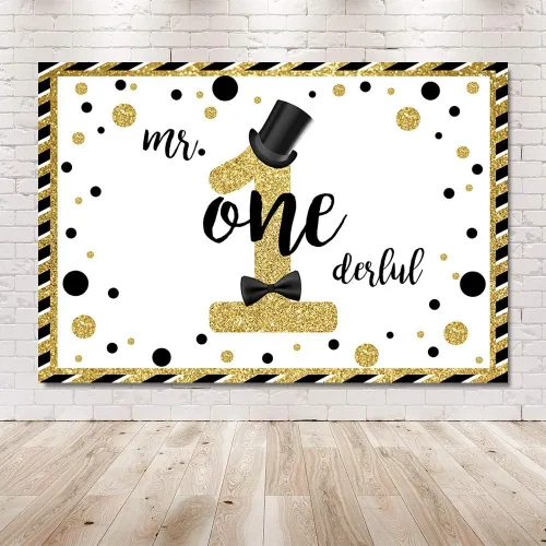Miniatura 6 de MEHOFOND Mr Onederful - Fondo de cabina de estudio fotográfico negro y dorado con purpurina dorada, sombrero negro, pajarita para decoración