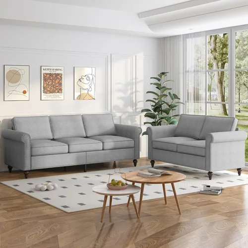 Miniatura 11 de PUREMIND Juego de sofá de 2 piezas para muebles de sala de estar, juego de sofá y silla de oficina moderno de lino con patas de madera maciza, sofá