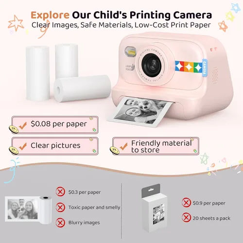 Miniatura 7 de Cámara de impresión instantánea para niños, regalos de cumpleaños para niñas y niños de 3 a 12 años, cámara de video 1080P para niños, ideas