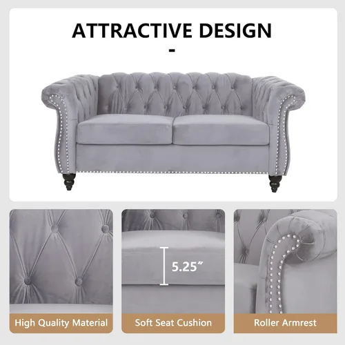 Miniatura 4 de QHITTY Sofá de Acento, Sofá Biplaza Chesterfield Moderno de Terciopelo, Sofá Tapizado con Respaldo Capitoné para Muebles de Sala de Estar (Gris)