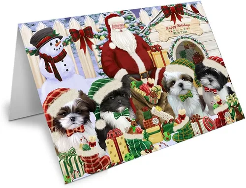 Happy Holidays NCD58430 - Tarjeta de felicitación navideña con texto en inglés "Christmas Shih Tzus Dog House", Multicolor, 10