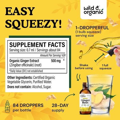 Miniatura 3 de Wild & Organic Gotas líquidas de extracto de jengibre, apoyo inmunológico y digestivo, suplemento líquido de raíz de jengibre, tintura vegana, sin