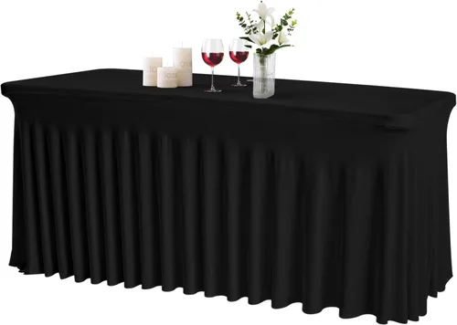 JCJ Faldón de mesa para mesas rectangulares, manteles negros ajustados de spandex para mesas de 4 pies, faldones de mesa elásticos con volantes