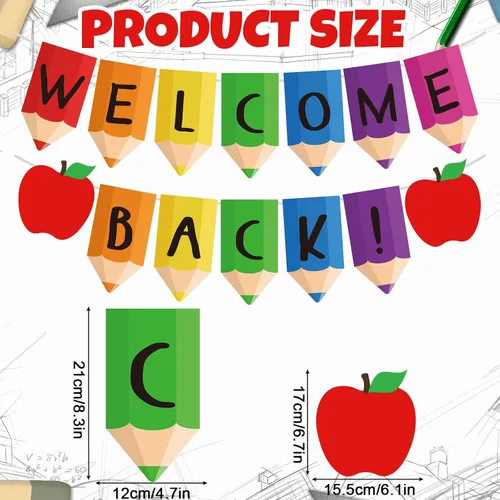 Miniatura 2 de AnyDesign Cartel de regreso a clases, 2 cuerdas, guirnalda de banderines de bienvenida premontada, lindo arco iris, manzanas, pancarta decorativa