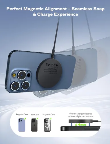 Miniatura 2 de Cargador inalámbrico magnético de carga rápida con imán fuerte almohadilla de carga para iPhone 17/16/15/14/13/12 - Serie y AirPods Pro 4-2, puertos