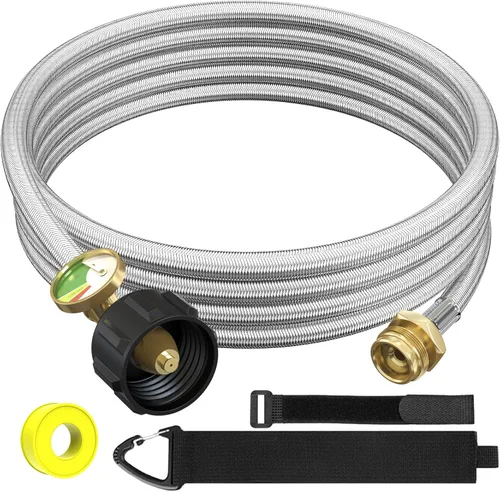 NQN Manguera adaptadora de propano trenzada de acero inoxidable de 12 pies con calibre, adaptador de manguera de tanque de propano convertidor de 1