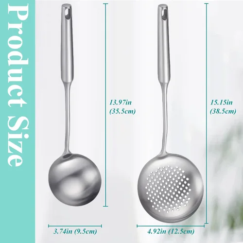 Miniatura 4 de Juego de 2 cucharones de sopa y cuchara ranurada, cucharones de cocina de acero inoxidable 316 de metal para colar alimentos, cucharón de cocina