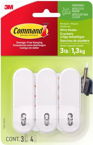 Command Ganchos de alambre medianos, 3 ganchos, 4 tiras, ganchos de pared colgantes sin daños con tiras adhesivas, ganchos de pared sin herramientas