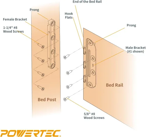 Miniatura 3 de POWERTEC 71425-P2 Soportes de riel de cama montados en superficie, herrajes de fijación de marco de cama con tornillos de montaje, ganchos de riel