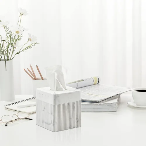 Miniatura 9 de Caja de pañuelos blanca cuadrada de resina para decoración del hogar, soporte de caja de pañuelos de cubo de mármol acanalado vertido a mano – Caja