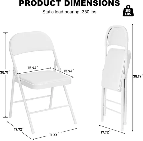 Miniatura 3 de Paquete de 4 sillas plegables blancas con cojín acolchado para exteriores, sillas plegables de metal comerciales apilables portátiles con marco