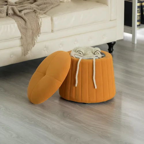 Miniatura 7 de Fabulaxe Tronco de almacenamiento otomano moderno con forma de hongo de terciopelo copetudo, color amarillo mostaza