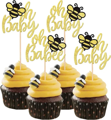 Miniatura 14 de ZHUOWEISM 1 decoración para pastel con diseño de abeja y flores con purpurina de panal de abejorros para pastel de cumpleaños, para temática