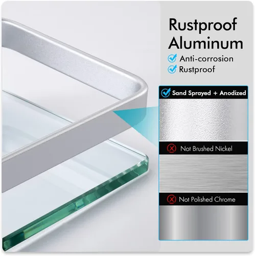 Miniatura 5 de KES Estantes de vidrio para baño, estantes flotantes de vidrio templado de 14 pulgadas de aluminio extra grueso, paquete de 2 organizadores