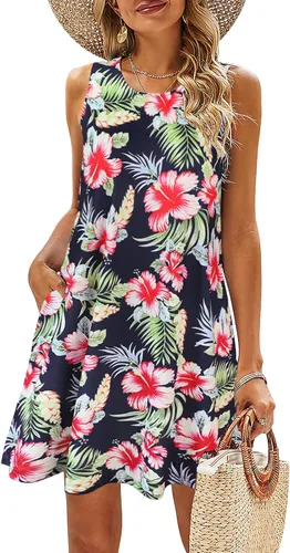 Miniatura 72 de SimpleFun - Vestidos de verano para mujer, camiseta floral, vestido de playa de estilo bohemio, informal, con bolsillos y sin mangas