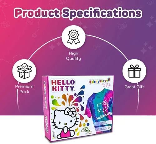 Miniatura 5 de Hello Kitty - Juego de teñido anudado - El juego incluye con una camiseta, 3 pinturas de colores, forro, guantes y bandas elásticas, paquete de 1