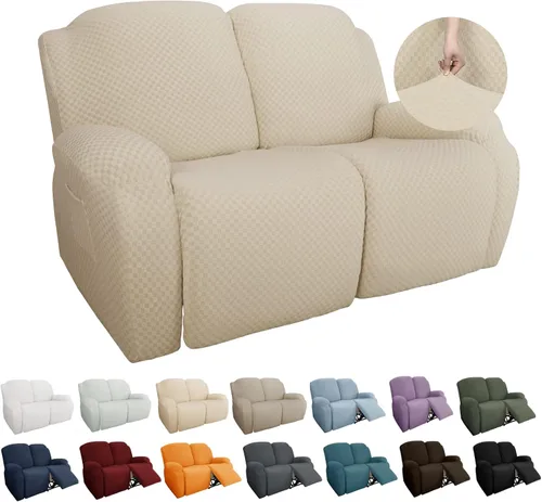 Miniatura 29 de YEMYHOM Funda elástica de 4 piezas para silla reclinable de jacquard con bolsillo lateral, antideslizante, ajustable, protector de muebles con parte