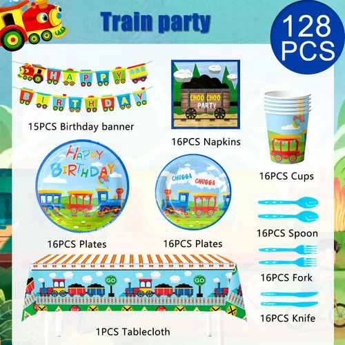 Miniatura 6 de Suministros para fiesta de cumpleaños de tren, juego de vajilla de 128 piezas para decoración de fiesta de tren, platos y tazas, servilletas, tren