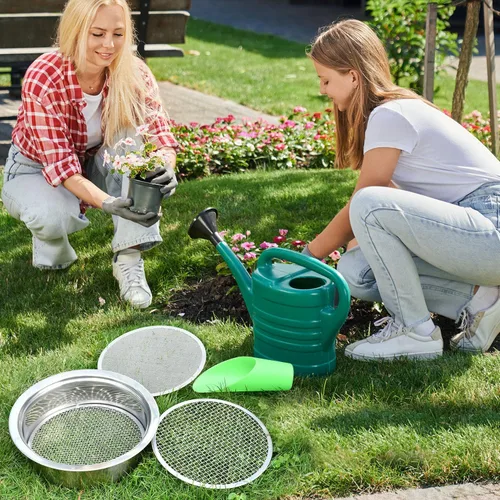 Miniatura 6 de Juego de tamiz de suelo de acero inoxidable, juego de tamiz de jardín con 3 mallas intercambiables de 1,3,5mm, pantalla de tamizado para suciedad
