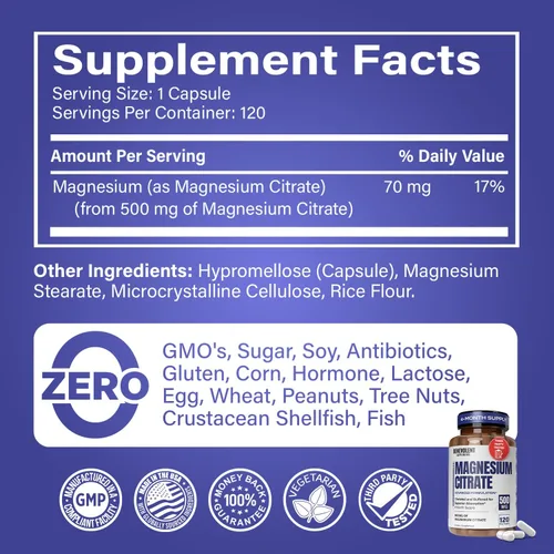 Miniatura 3 de Cápsulas de magnesio premium de 500 mg, fórmula de alta absorción citrato tamponado quelado para apoyar la digestión, los huesos, el sueño