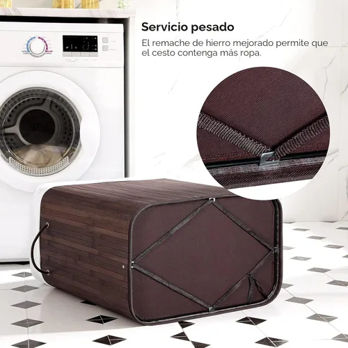 Miniatura 7 de SONGMICS Cesta de lavandería con tapa, cesta de lavandería de bambú con asas, cesta de almacenamiento plegable para lavandería, dormitorio, 100