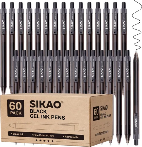 Bolígrafos de Gel Negro a Granel, Juego de 60 Bolígrafos de Gel Negro Retráctiles, Punta Fina de 0.7mm, Escritura Suave y Sin Manchas para Oficina,