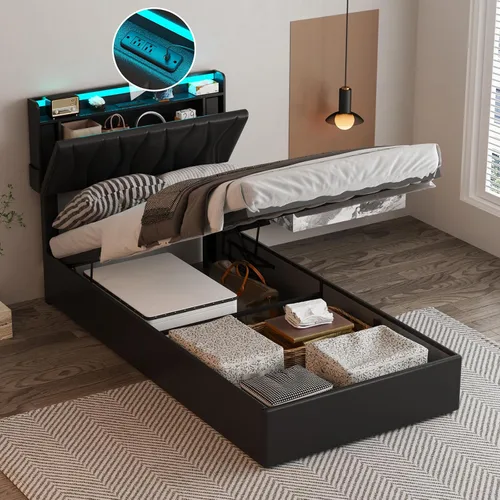 Miniatura 14 de Fameill Marco de Cama Twin con Almacenamiento Elevable, Cabecera Ajustable, Estación de Carga, Luces LED, Listones de Madera, Sin Ruido, No Requiere