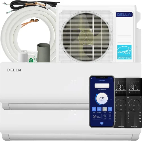 DELLA 20 K BTU ODU 2 zonas (2 x 9000 BTU) Wifi Mini Split AC funciona con Alexa, eficiencia energética, 20 SEER2 208-230 V enfría hasta 800 pies