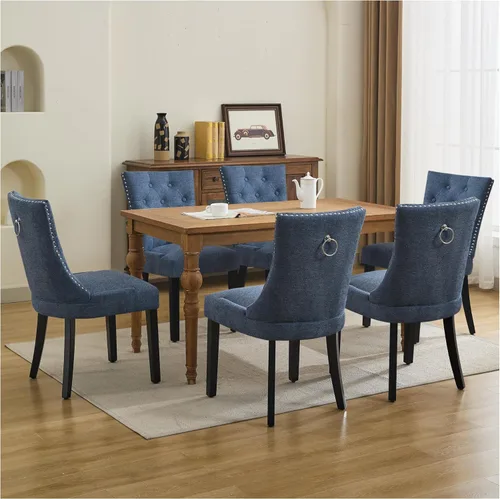 Miniatura 14 de Juego de 4 sillas de comedor tapizadas copetudas, sillas laterales de tela para comedor con cabeza de clavo en la parte trasera y patas de madera