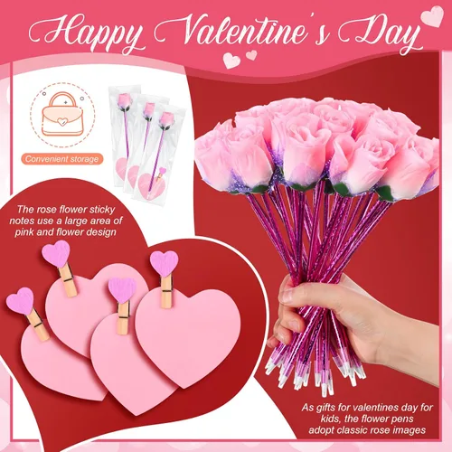 Miniatura 3 de Yexiya 48 juegos de bolígrafos de rosas para el día de San Valentín, regalos a granel con notas adhesivas, clips de corazón, bolsas de regalo