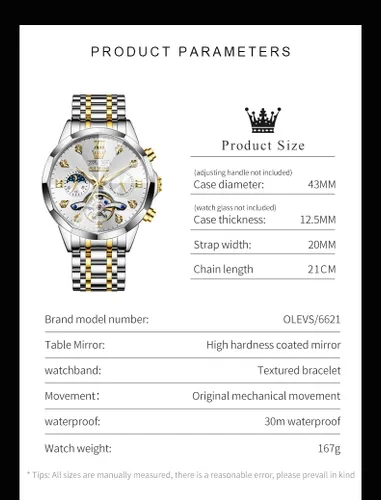 Miniatura 44 de OLEVS Reloj de pulsera automático con diseño de esqueleto para hombre, de lujo, con diamantes de lujo, de acero inoxidable, calendario, reloj