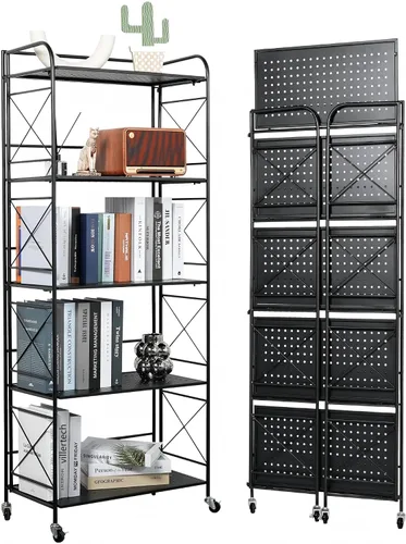 Miniatura 9 de Estantería plegable de metal de 3 niveles con ruedas, estantería plegable para sala de estar, cocina, estudio, 12.6 pulgadas de profundidad x 23.6