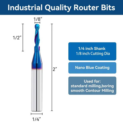 Miniatura 2 de Fresas de punta de bola de carburo de 1/4 pulgadas de diámetro de corte de 1/8 pulgadas con revestimiento nano azul para fresado lateral, mecanizado