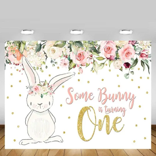 Miniatura 3 de MEHOFOTO - Telón de fondo para fiesta de cumpleaños de 8 x 6 pies, diseño floral rosa con purpurina dorada con texto en inglés "Some Bunny One Girl